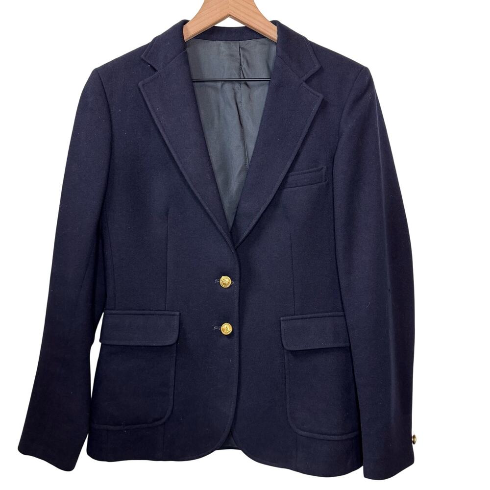 VINTAGE Wool Blazer Size M Navy Blue Academia Preppy Crest Gold‎ School Uniform